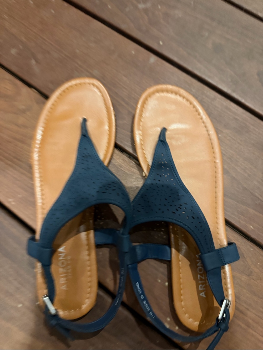Arizona Jean Company Navy Perforated Thong Sandals with Tan Footbed